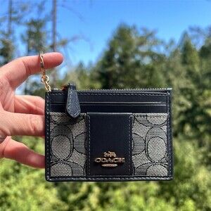 COACH Mini Skinny Card Holder Keychain Wallet Blue Signature Jacquard with Gold